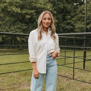 BuddyLove cream leather button up blouse. Size large. NWT